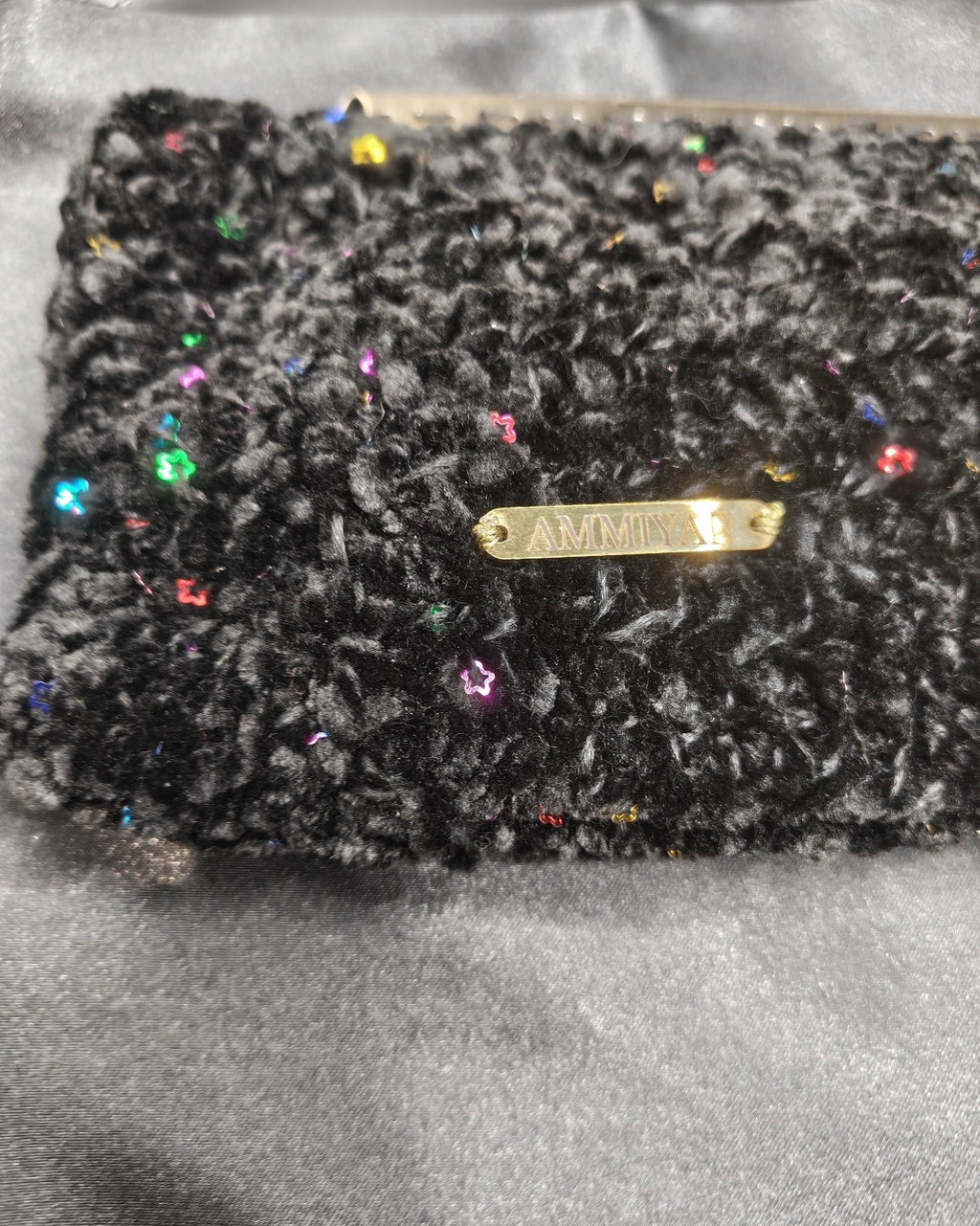 Black Crochet Clutch Bag | Gold Lurex Sequins, Golden acrylic Wristlet, Evening Purse