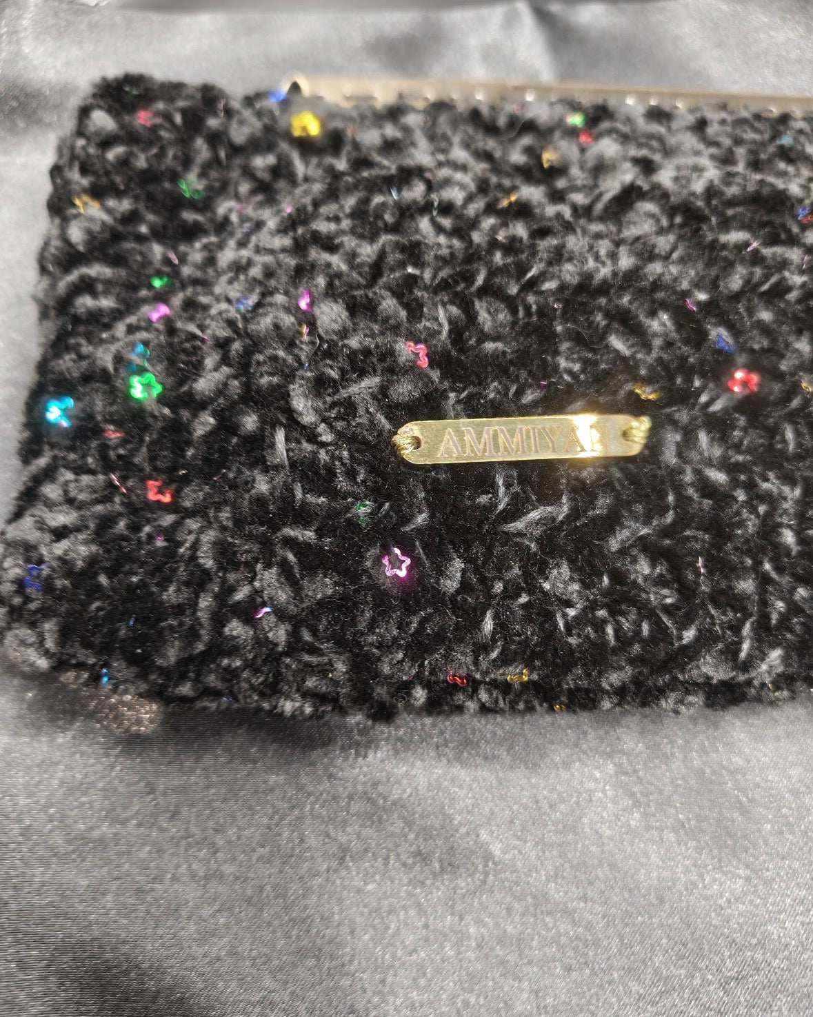Black Crochet Clutch Bag | Gold Lurex Sequins, Golden acrylic Wristlet, Evening Purse