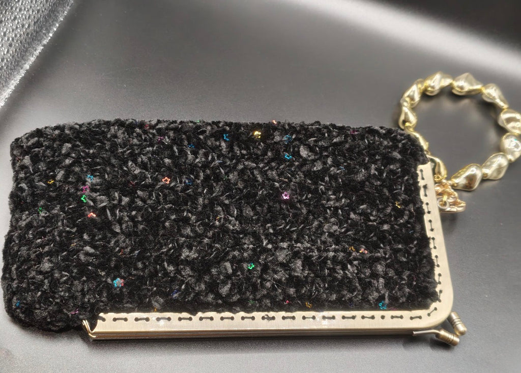 Black Crochet Clutch Bag | Gold Lurex Sequins, Golden acrylic Wristlet, Evening Purse