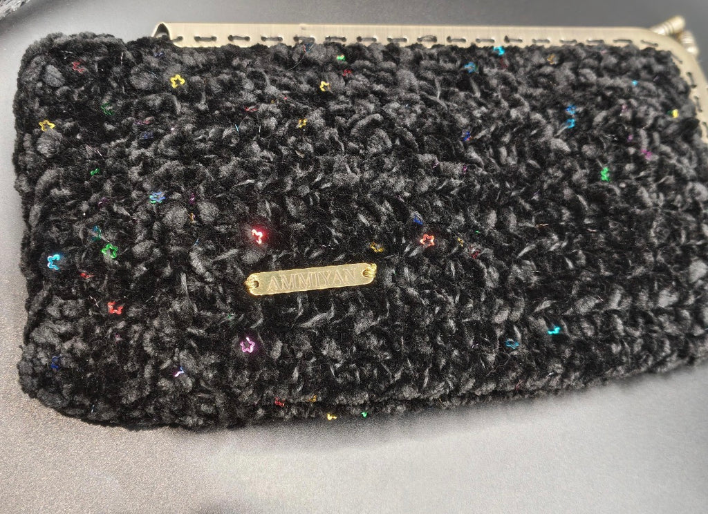 Black Crochet Clutch Bag | Gold Lurex Sequins, Golden acrylic Wristlet, Evening Purse