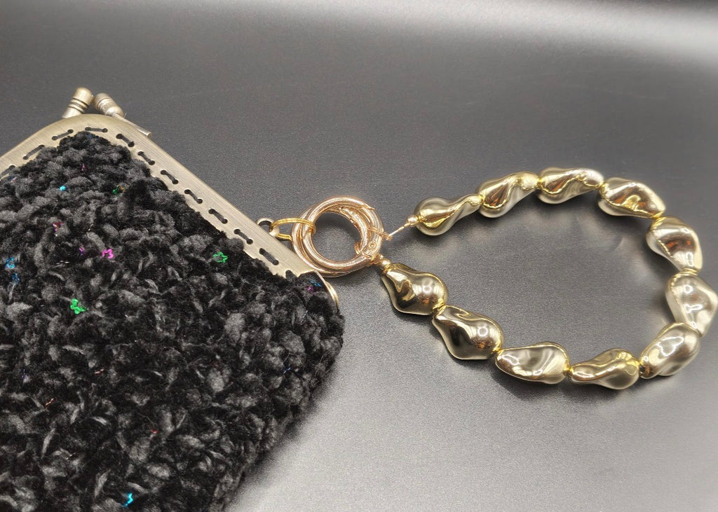 Black Crochet Clutch Bag | Gold Lurex Sequins, Golden acrylic Wristlet, Evening Purse