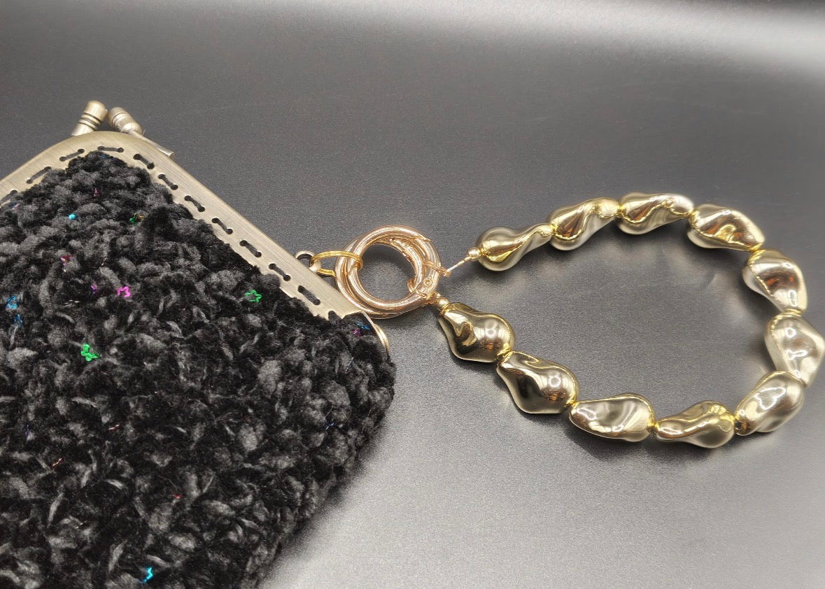 Black Crochet Clutch Bag | Gold Lurex Sequins, Golden acrylic Wristlet, Evening Purse