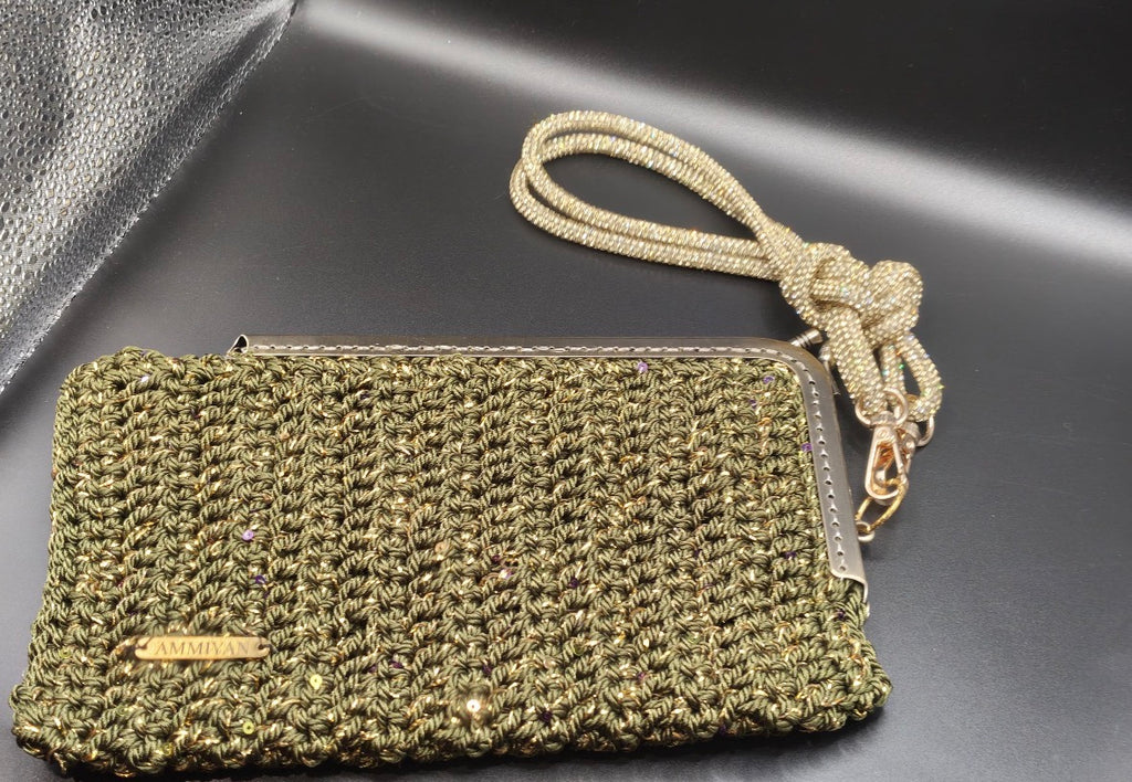 Olive Green Crochet Clutch Bag | Golden Lurex and mutlicolored Sequins, Golden rhinestone Wristlet, Evening Purse