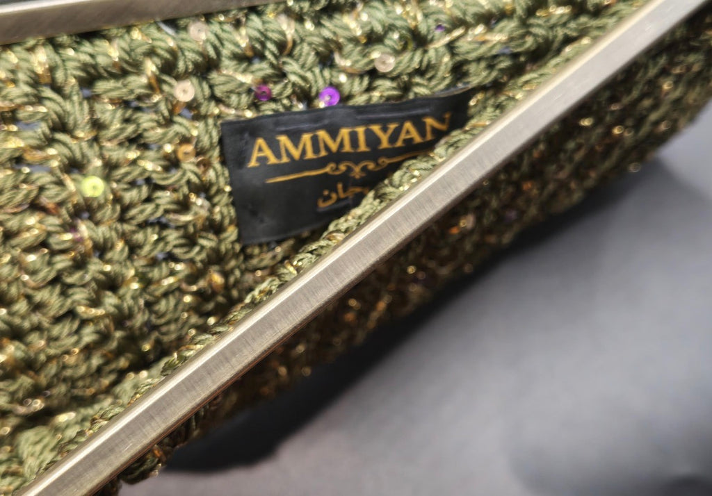 Olive Green Crochet Clutch Bag | Golden Lurex and mutlicolored Sequins, Golden rhinestone Wristlet, Evening Purse
