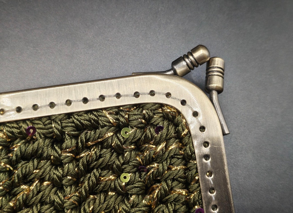 Olive Green Crochet Clutch Bag | Golden Lurex and mutlicolored Sequins, Golden rhinestone Wristlet, Evening Purse