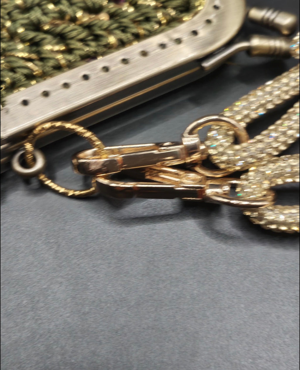 Olive Green Crochet Clutch Bag | Golden Lurex and mutlicolored Sequins, Golden rhinestone Wristlet, Evening Purse