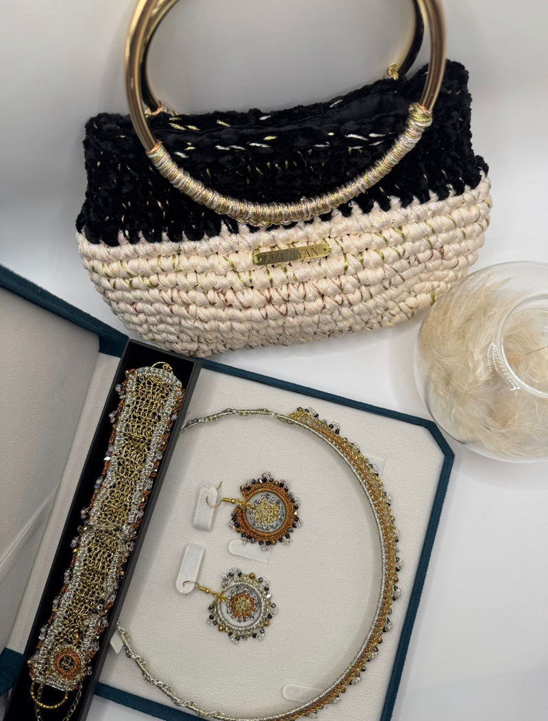 Handcrafted Luxury Set: Black & Cream Ring-Handle Bag & Micro-Crochet Jewellery