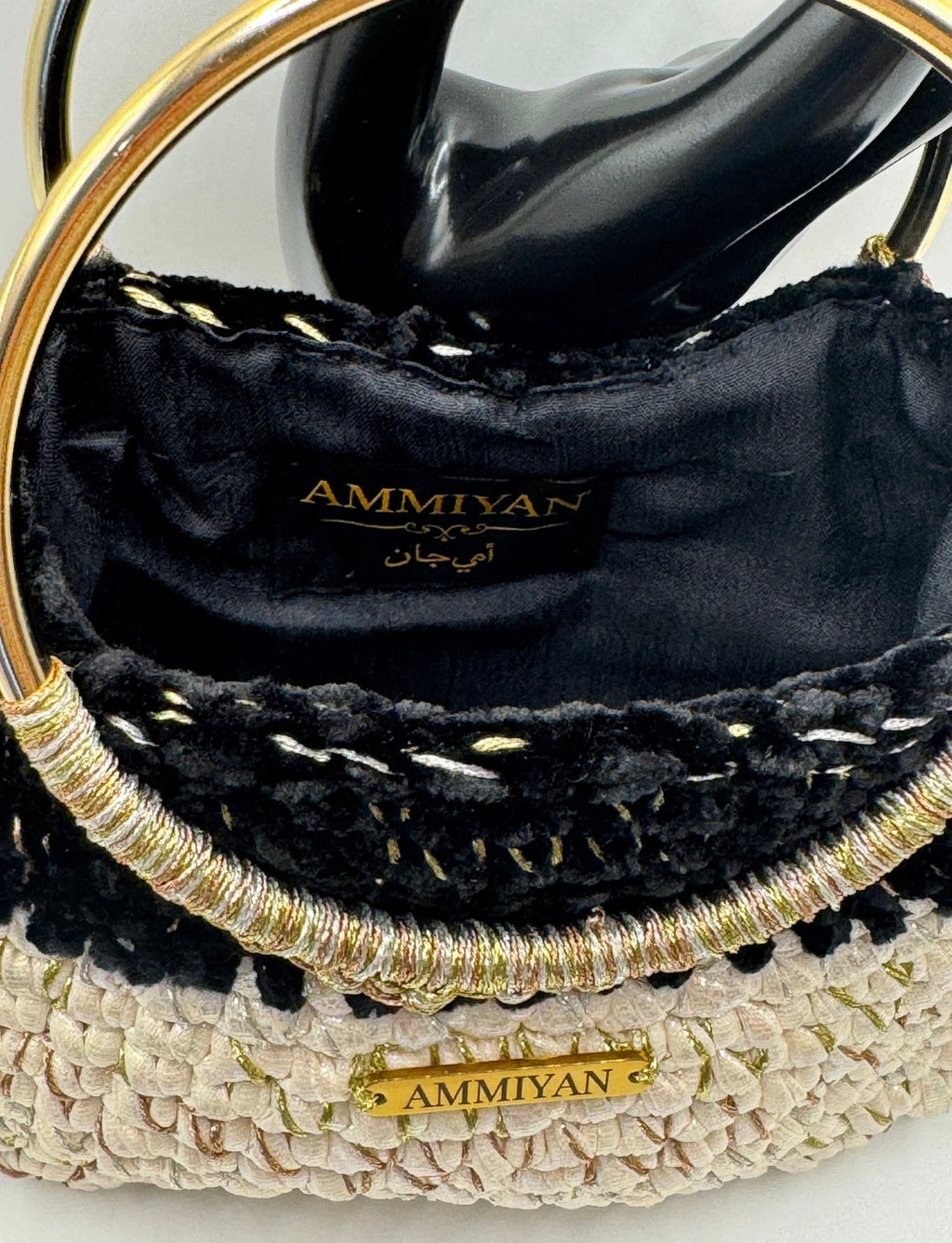 Handcrafted Luxury Set: Black & Cream Ring-Handle Bag & Micro-Crochet Jewellery