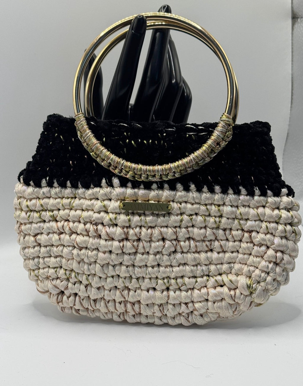 Handcrafted Luxury Set: Black & Cream Ring-Handle Bag & Micro-Crochet Jewellery