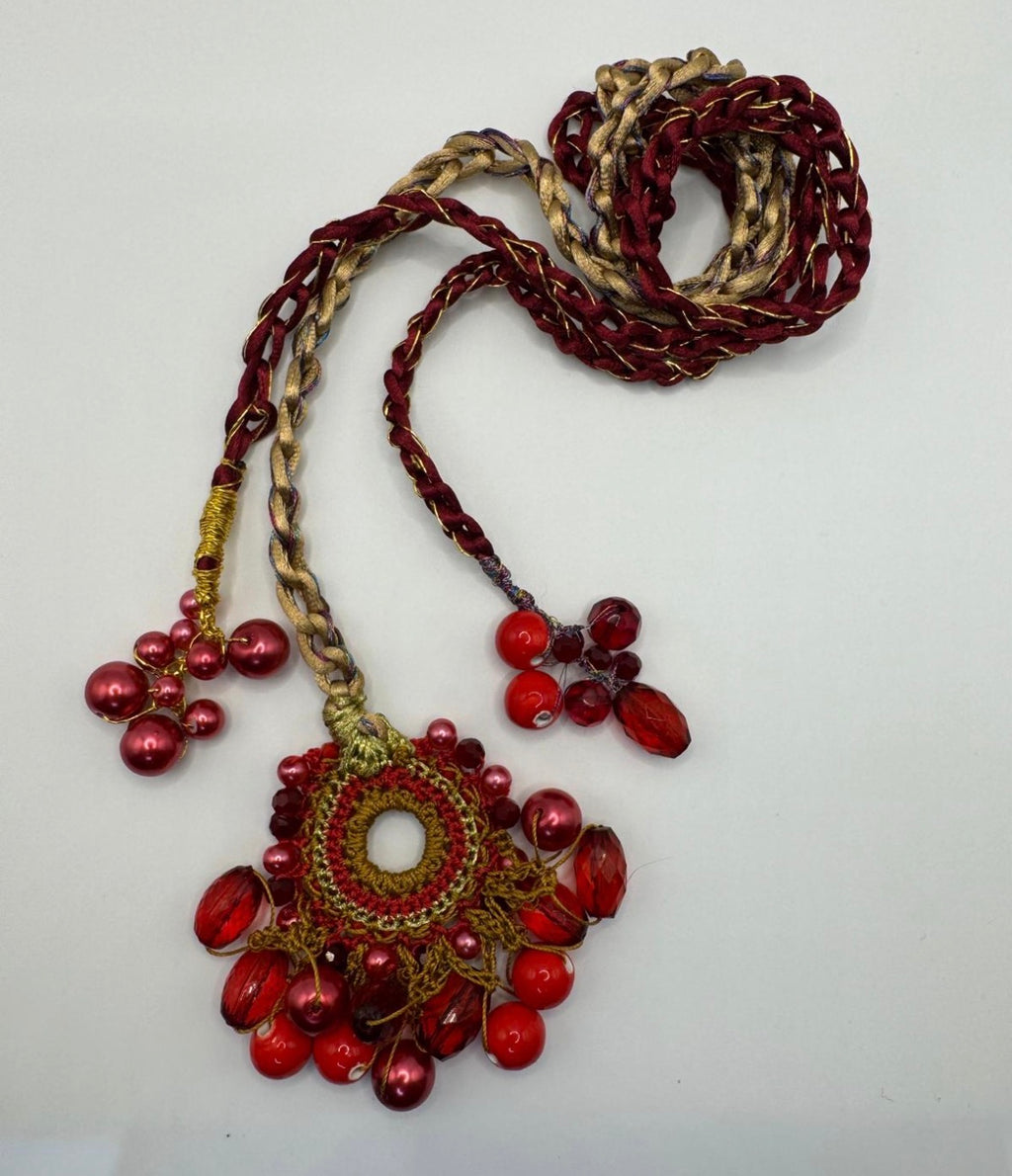 Bespoke Ruby Red & Gold Micro-Crochet Beaded Parandi Hair Accessory