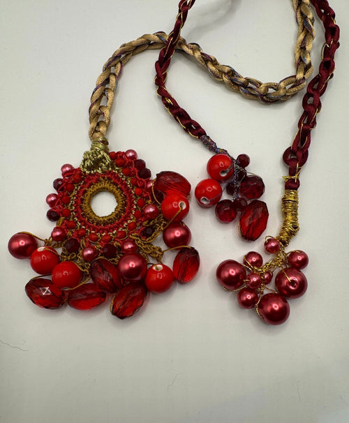 Bespoke Ruby Red & Gold Micro-Crochet Beaded Parandi Hair Accessory