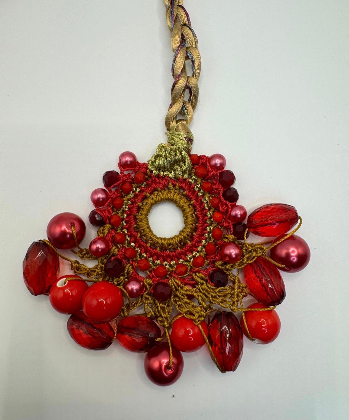 Bespoke Ruby Red & Gold Micro-Crochet Beaded Parandi Hair Accessory