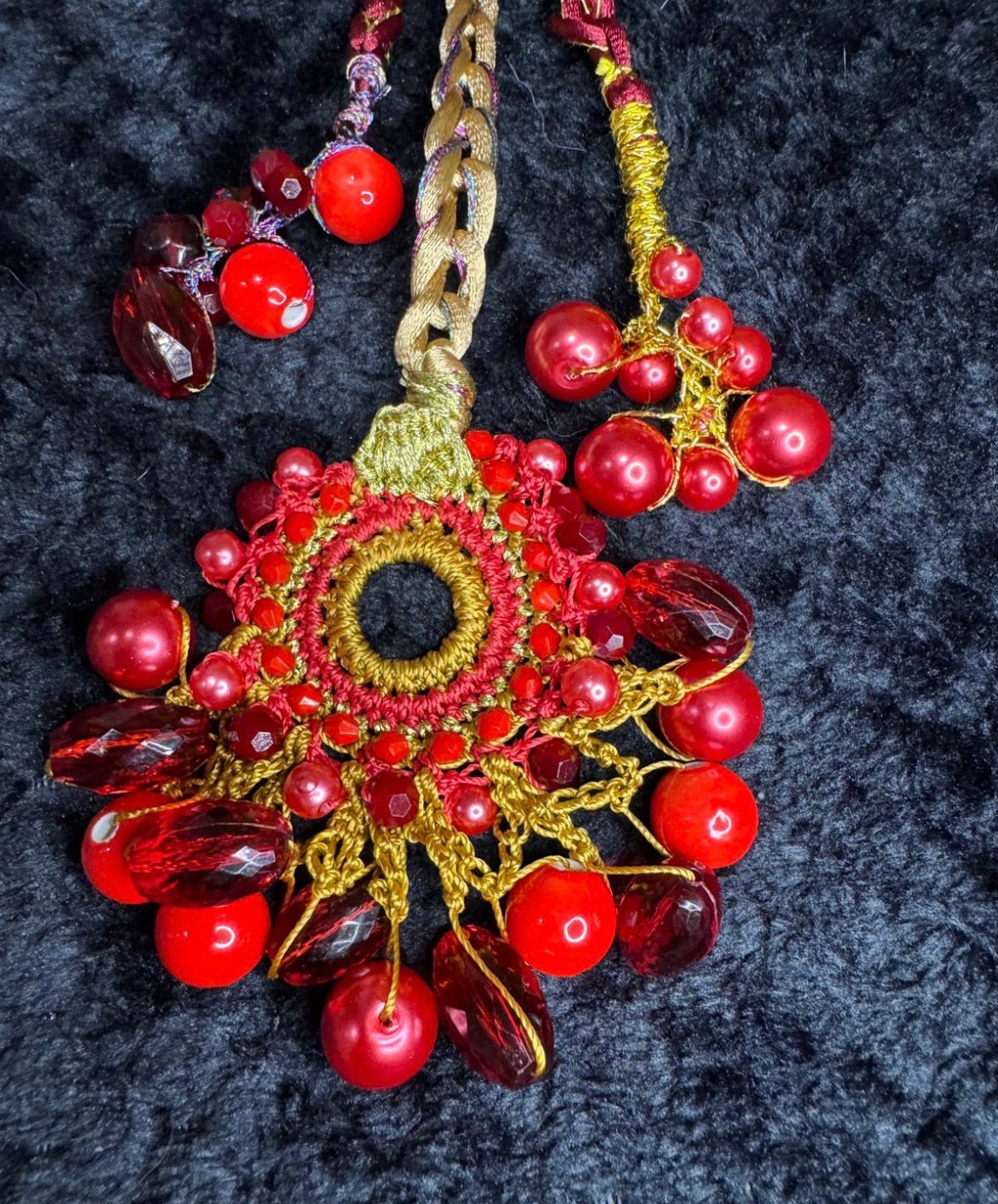 Bespoke Ruby Red & Gold Micro-Crochet Beaded Parandi Hair Accessory