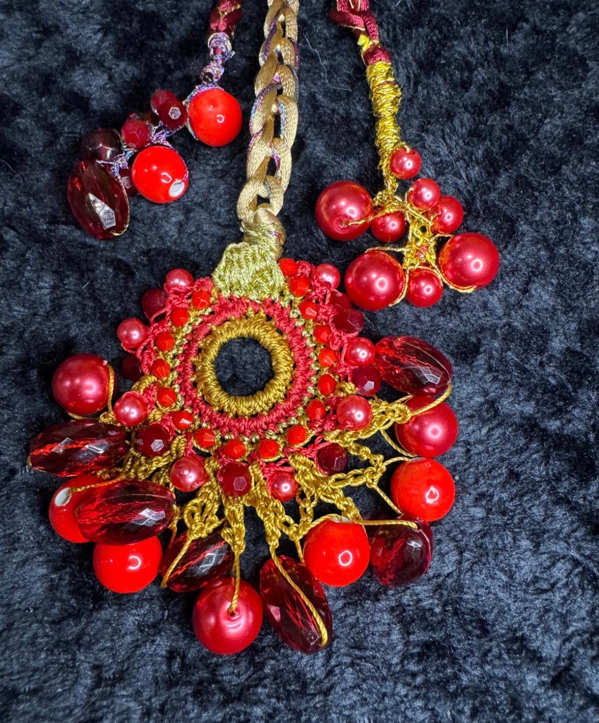 Bespoke Ruby Red & Gold Micro-Crochet Beaded Parandi Hair Accessory