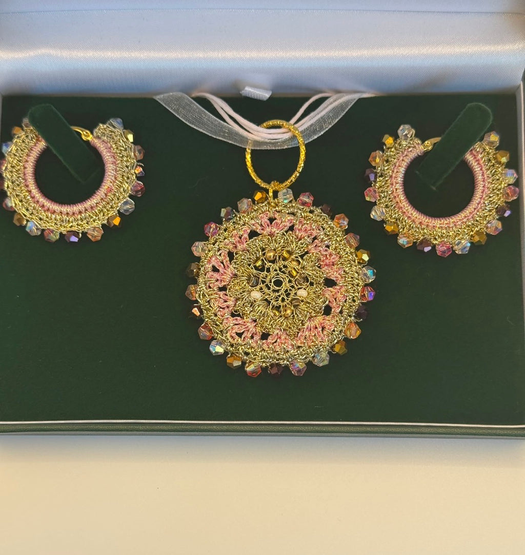 Bespoke Rose Pink & Gold Micro-Crochet Pendant & Earring Set | The Blush Mandala Handcrafted Wire & Crystal Jewelry Set