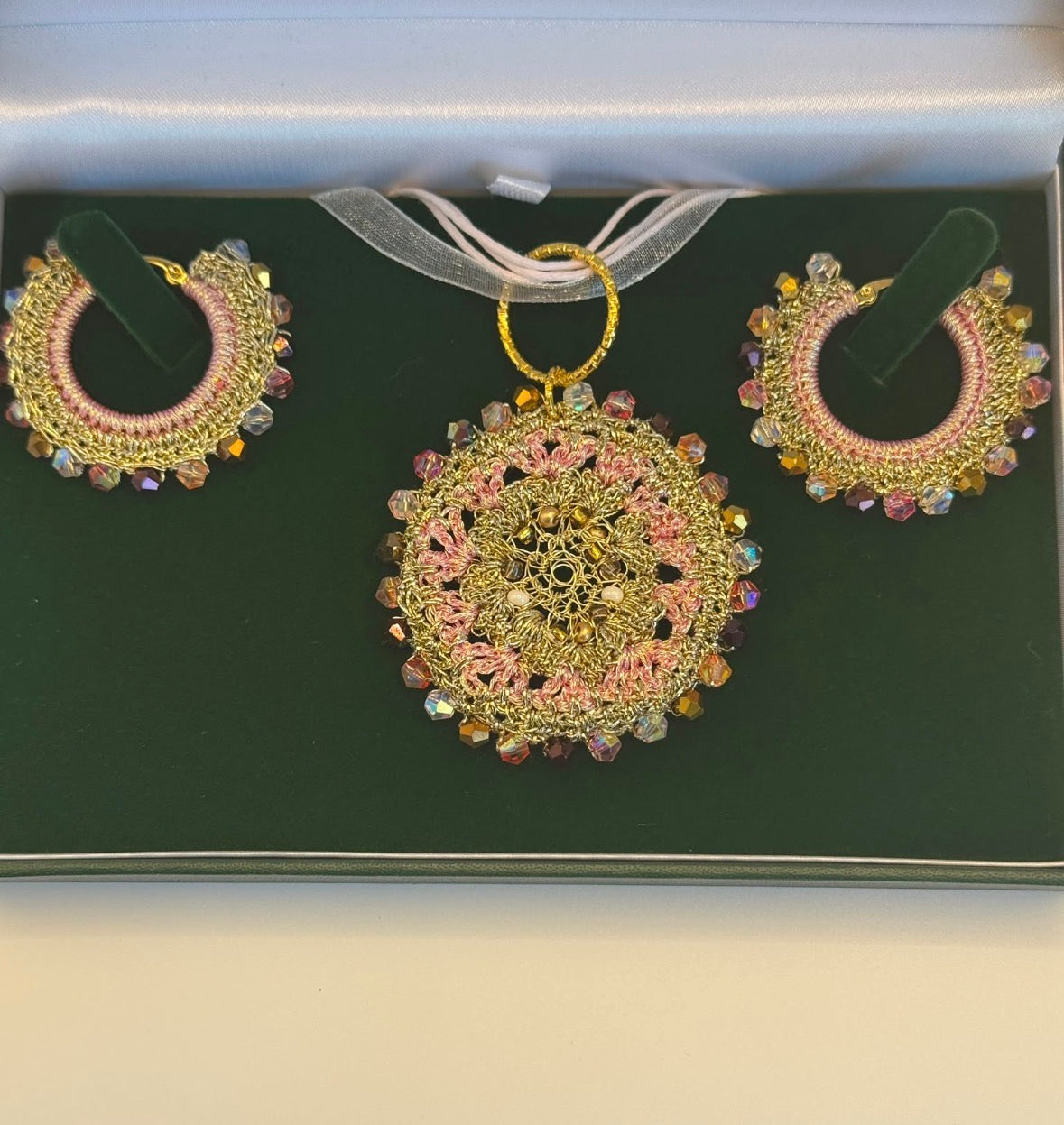 Bespoke Rose Pink & Gold Micro-Crochet Pendant & Earring Set | The Blush Mandala Handcrafted Wire & Crystal Jewelry Set