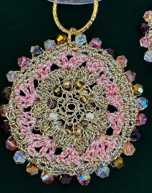 Bespoke Rose Pink & Gold Micro-Crochet Pendant & Earring Set | The Blush Mandala Handcrafted Wire & Crystal Jewelry Set
