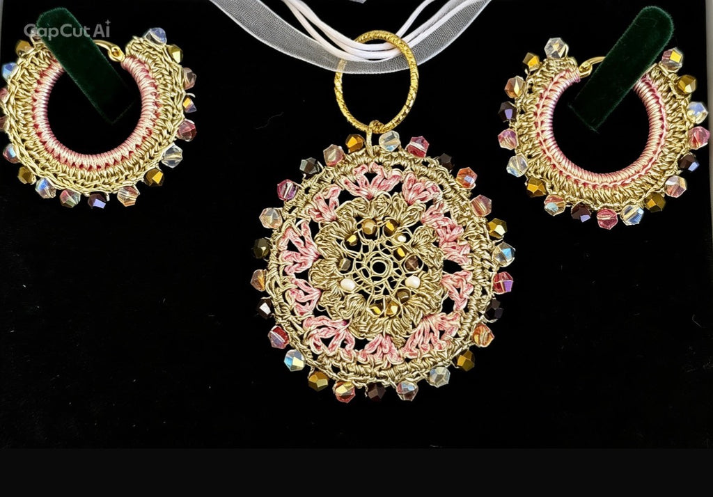 Bespoke Rose Pink & Gold Micro-Crochet Pendant & Earring Set | The Blush Mandala Handcrafted Wire & Crystal Jewelry Set