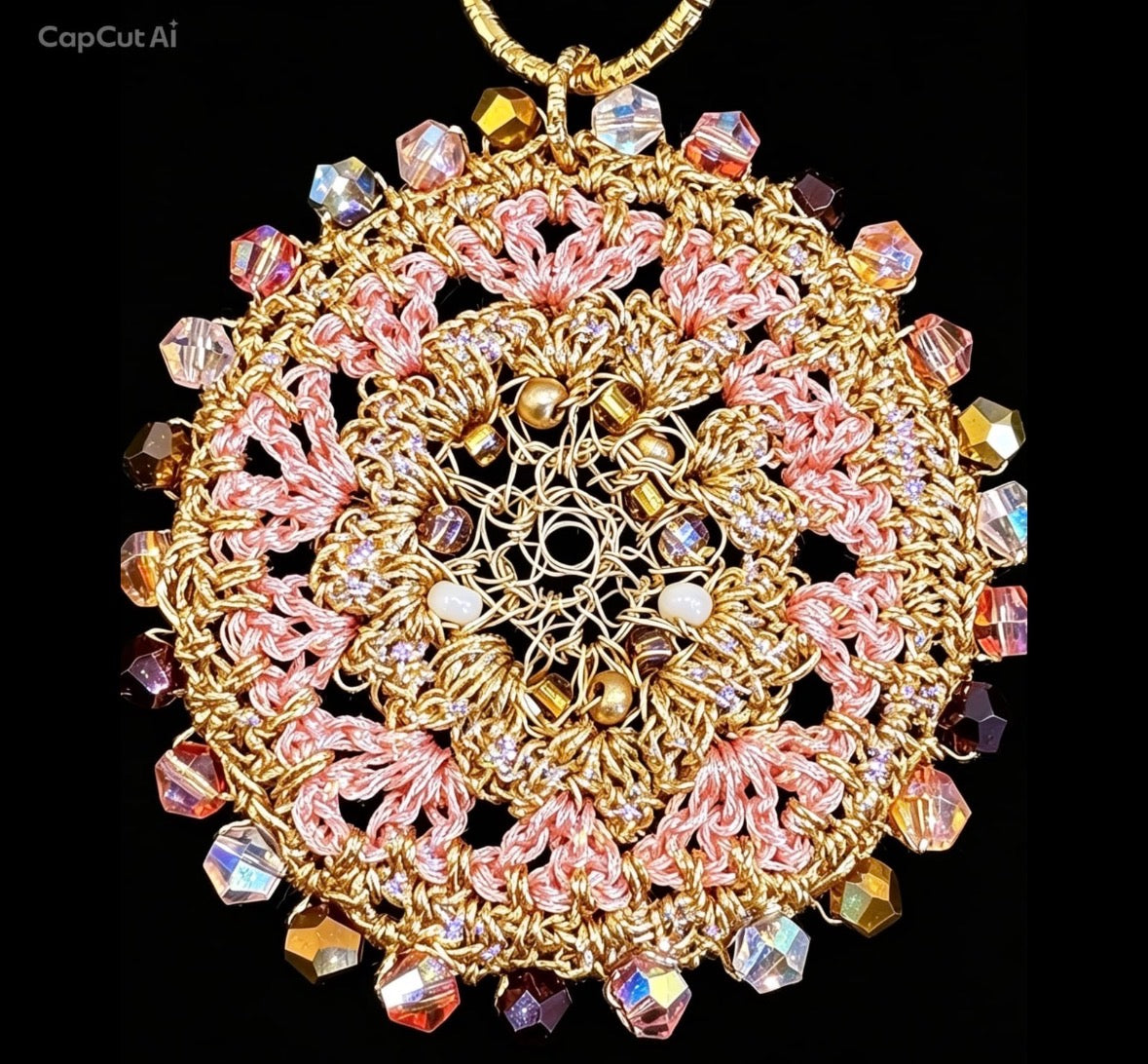 Bespoke Rose Pink & Gold Micro-Crochet Pendant & Earring Set | The Blush Mandala Handcrafted Wire & Crystal Jewelry Set